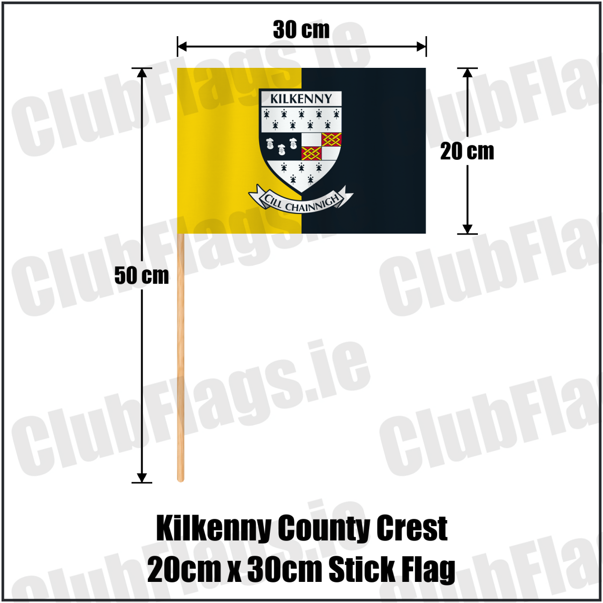 Kilkenny county crest 20 × 30 cm stick flag in yellow and black, with a 50 cm wooden stick and dimension arrows.