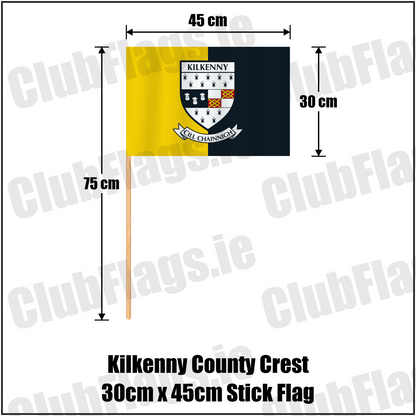 Kilkenny county crest 30 × 45 cm stick flag in yellow and black, with a 75 cm wooden stick and dimension arrows.