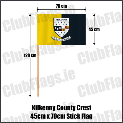 Kilkenny county crest 45 × 70 cm stick flag in yellow and black, with a 120 cm wooden stick and dimension arrows.