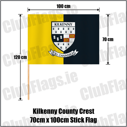 Kilkenny county crest 70 × 100 cm stick flag in yellow and black, with a 120 cm wooden stick and dimension arrows.