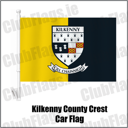 Kilkenny county crest car flag in yellow and black, on a white plastic window mount.
