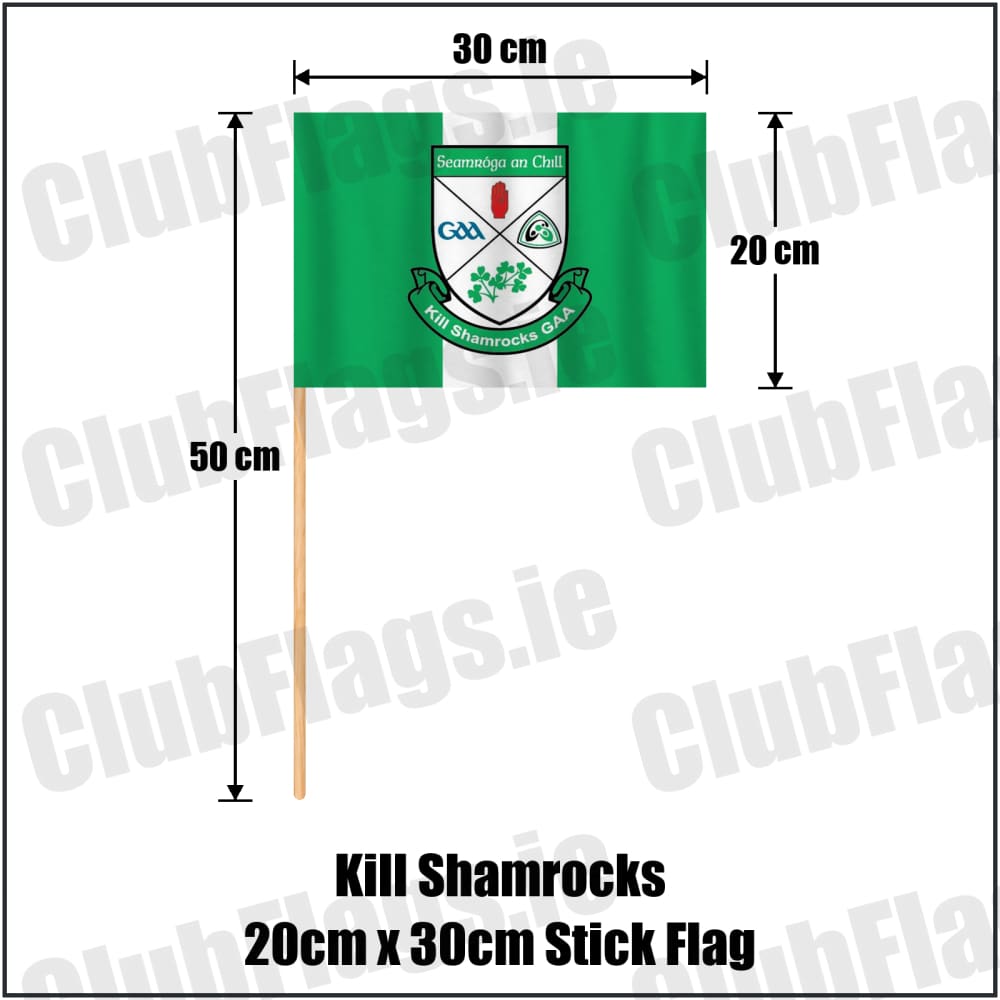 Kill Shamrocks 20cm x 30cm Stick Flag in green and white, featuring the club crest on realistic fabric with gentle vertical folds; County Cavan GAA. ClubFlags.ie.