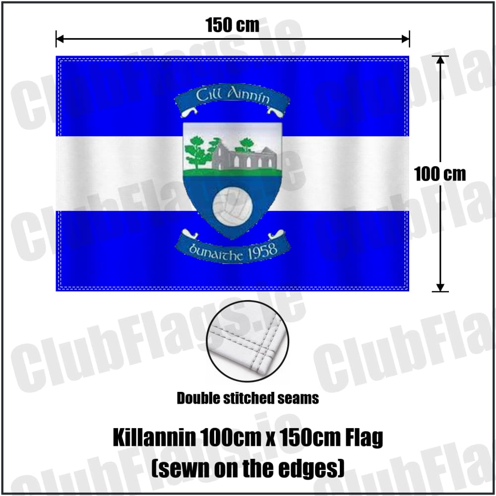Killannin 100cm x 150cm Flag (sewn on the edges) in royal blue and white, featuring the club crest on realistic fabric with gentle vertical folds; County Galway GAA. ClubFlags.ie.