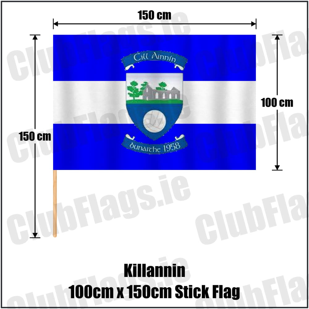 Killannin 100cm x 150cm Stick Flag in royal blue and white, featuring the club crest on realistic fabric with gentle vertical folds; County Galway GAA. ClubFlags.ie.