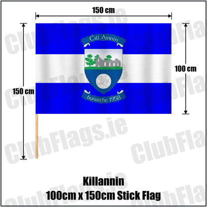 Killannin 100cm x 150cm Stick Flag in royal blue and white, featuring the club crest on realistic fabric with gentle vertical folds; County Galway GAA. ClubFlags.ie.