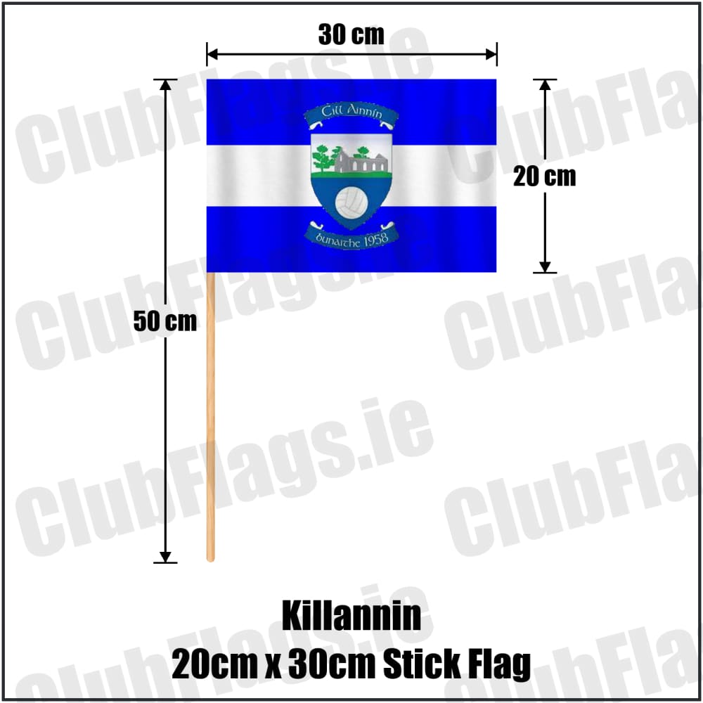 Killannin 20cm x 30cm Stick Flag in royal blue and white, featuring the club crest on realistic fabric with gentle vertical folds; County Galway GAA. ClubFlags.ie.