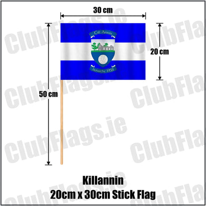 Killannin 20cm x 30cm Stick Flag in royal blue and white, featuring the club crest on realistic fabric with gentle vertical folds; County Galway GAA. ClubFlags.ie.