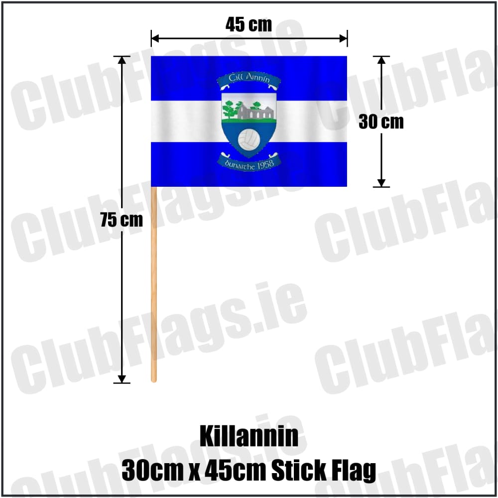 Killannin 30cm x 45cm Stick Flag in royal blue and white, featuring the club crest on realistic fabric with gentle vertical folds; County Galway GAA. ClubFlags.ie.