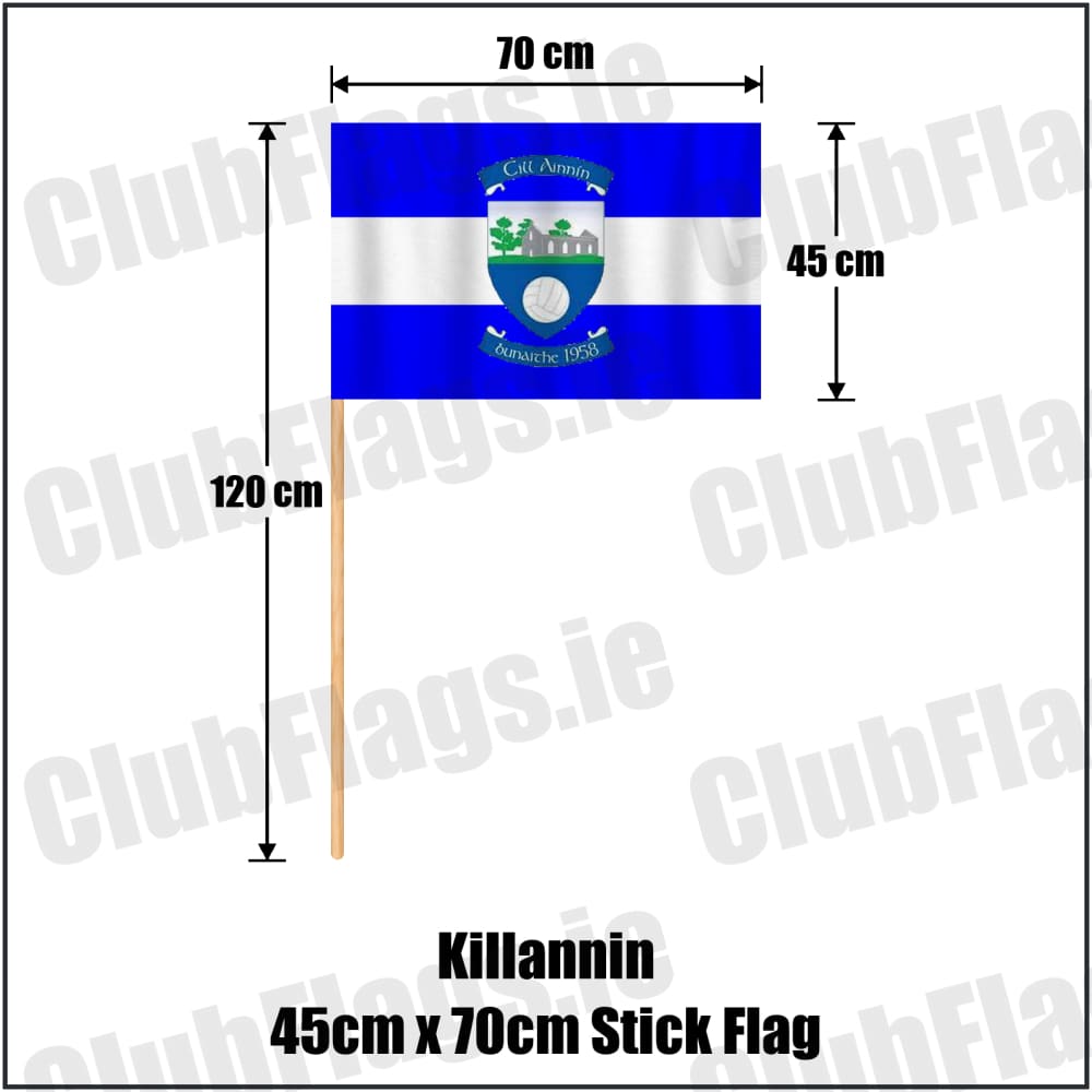 Killannin 45cm x 70cm Stick Flag in royal blue and white, featuring the club crest on realistic fabric with gentle vertical folds; County Galway GAA. ClubFlags.ie.