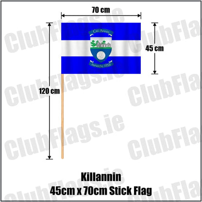 Killannin 45cm x 70cm Stick Flag in royal blue and white, featuring the club crest on realistic fabric with gentle vertical folds; County Galway GAA. ClubFlags.ie.
