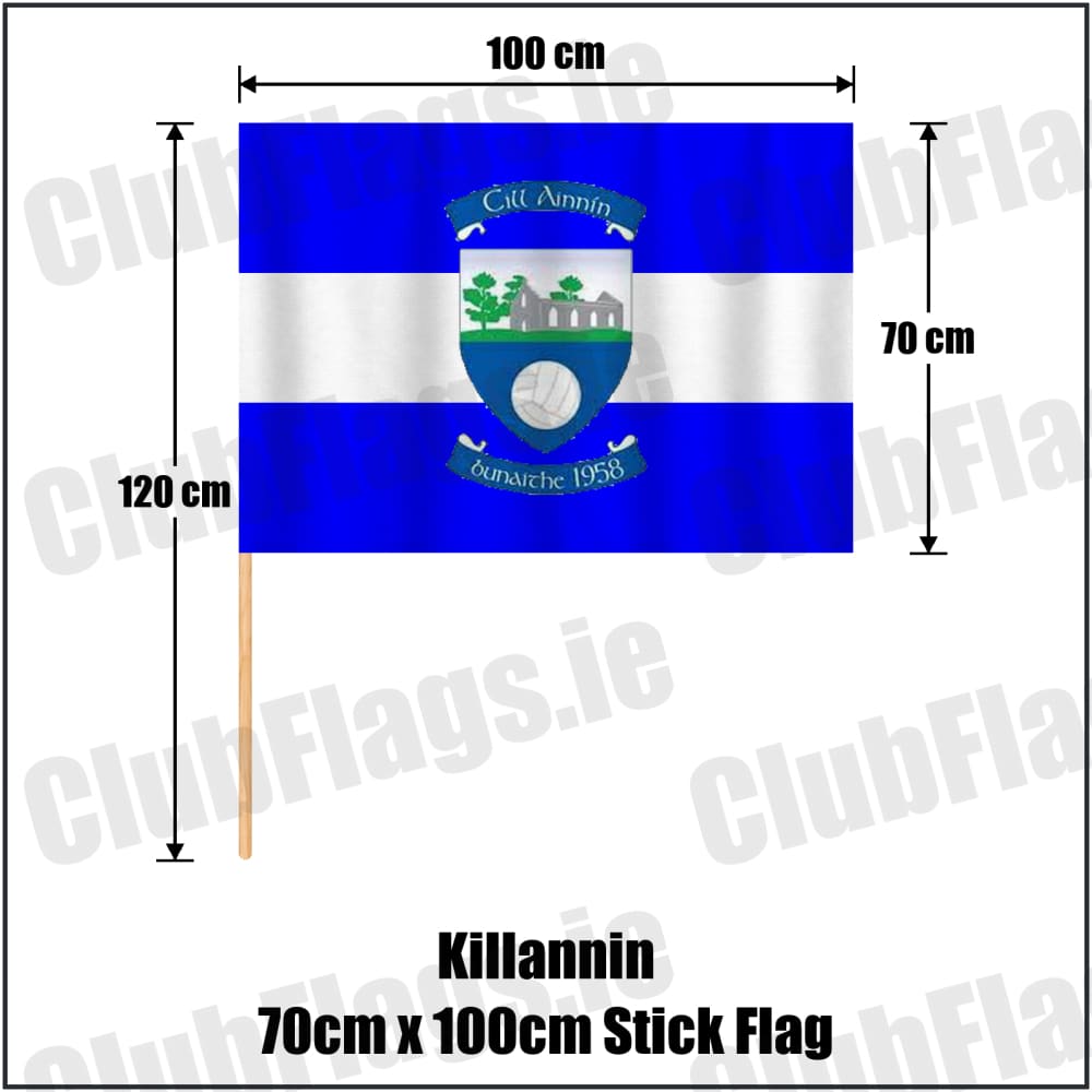 Killannin 70cm x 100cm Stick Flag in royal blue and white, featuring the club crest on realistic fabric with gentle vertical folds; County Galway GAA. ClubFlags.ie.