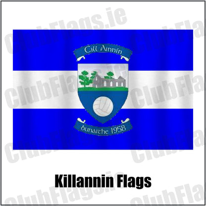 Killannin Flags in royal blue and white, featuring the club crest on realistic fabric with gentle vertical folds; County Galway GAA. ClubFlags.ie.