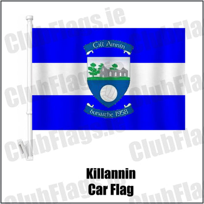 Killannin Car Flag in royal blue and white, featuring the club crest on realistic fabric with gentle vertical folds; County Galway GAA. ClubFlags.ie.