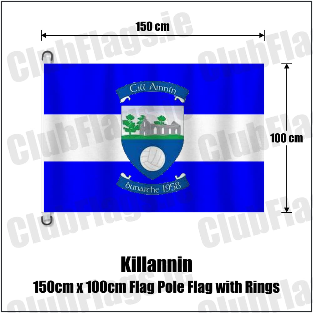 Killannin 150cm x 100cm Flag Pole Flag with Rings in royal blue and white, featuring the club crest on realistic fabric with gentle vertical folds; County Galway GAA. ClubFlags.ie.