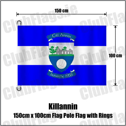 Killannin 150cm x 100cm Flag Pole Flag with Rings in royal blue and white, featuring the club crest on realistic fabric with gentle vertical folds; County Galway GAA. ClubFlags.ie.