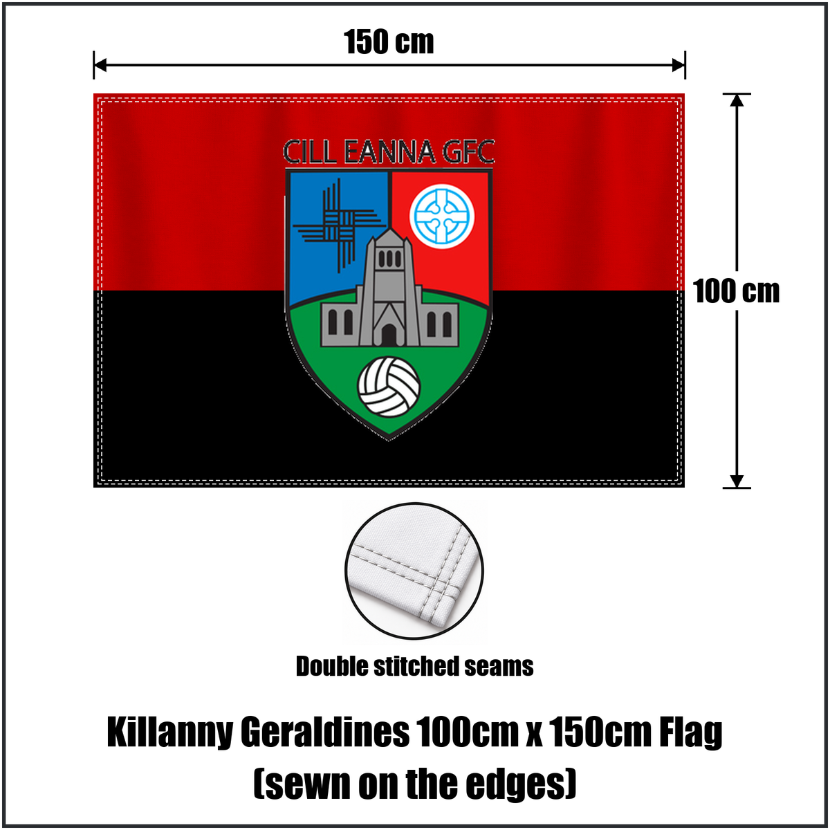 Killanny Geraldines 100cm x 150cm Flag (sewn on the edges), featuring the club crest and black and red colours; County Monaghan GAA. ClubFlags.ie.