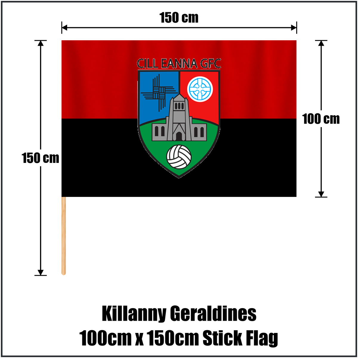 Killanny Geraldines 100cm x 150cm Stick Flag, featuring the club crest and black and red colours; County Monaghan GAA. ClubFlags.ie.