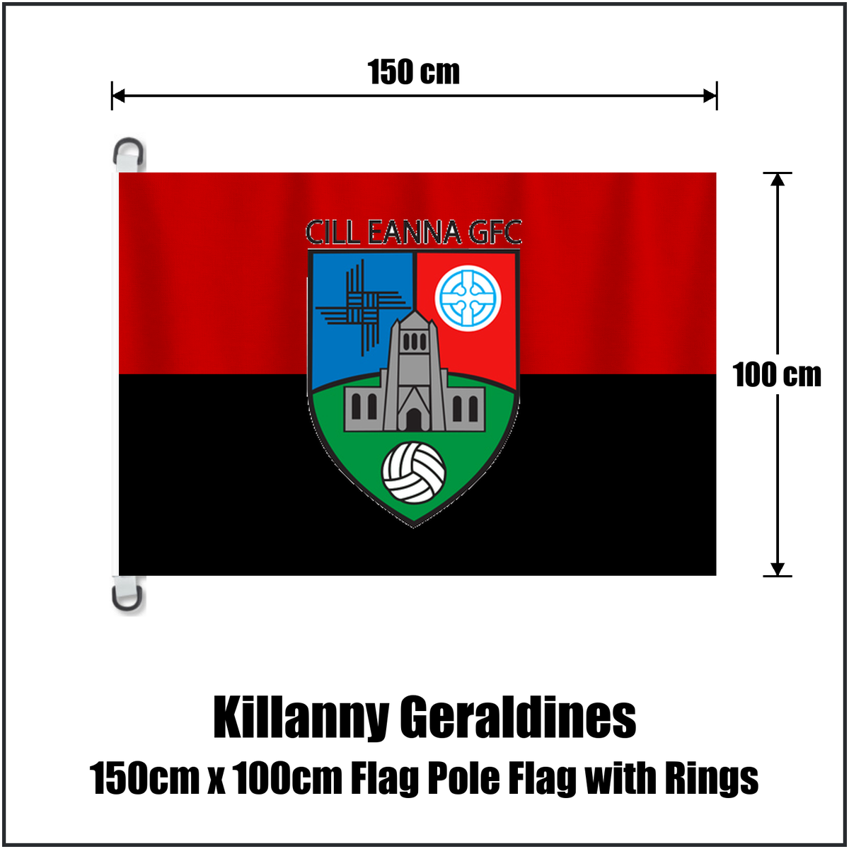 Killanny Geraldines 150cm x 100cm Flag Pole Flag with Rings, featuring the club crest and black and red colours; County Monaghan GAA. ClubFlags.ie.