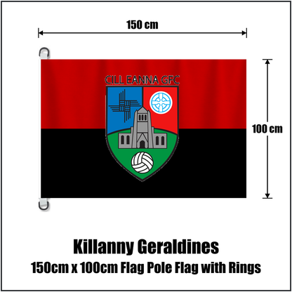 Killanny Geraldines 150cm x 100cm Flag Pole Flag with Rings, featuring the club crest and black and red colours; County Monaghan GAA. ClubFlags.ie.