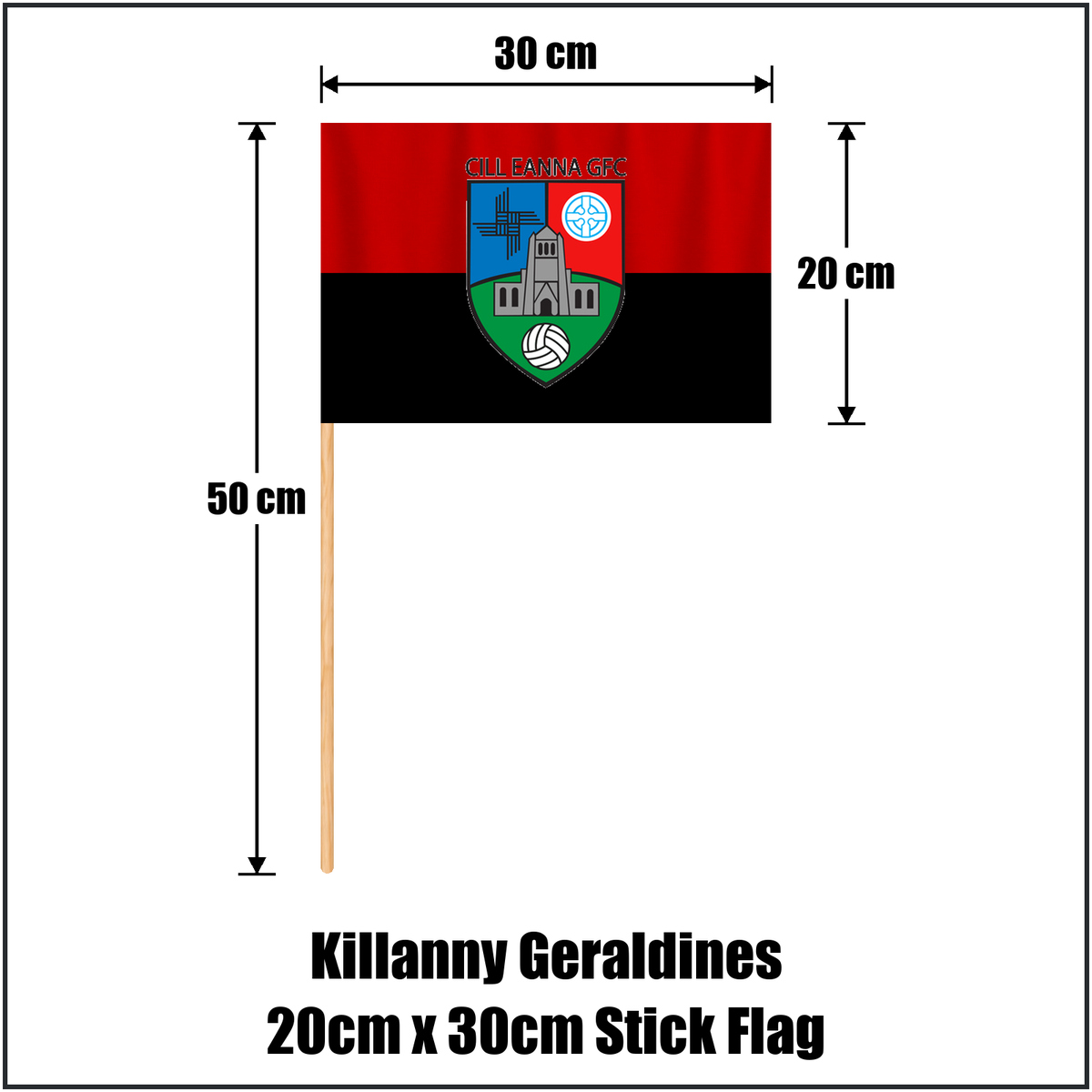 Killanny Geraldines 20cm x 30cm Stick Flag, featuring the club crest and black and red colours; County Monaghan GAA. ClubFlags.ie.