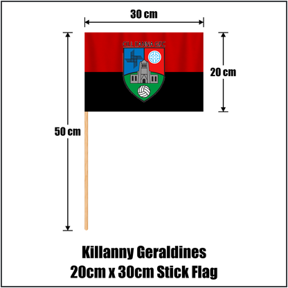 Killanny Geraldines 20cm x 30cm Stick Flag, featuring the club crest and black and red colours; County Monaghan GAA. ClubFlags.ie.