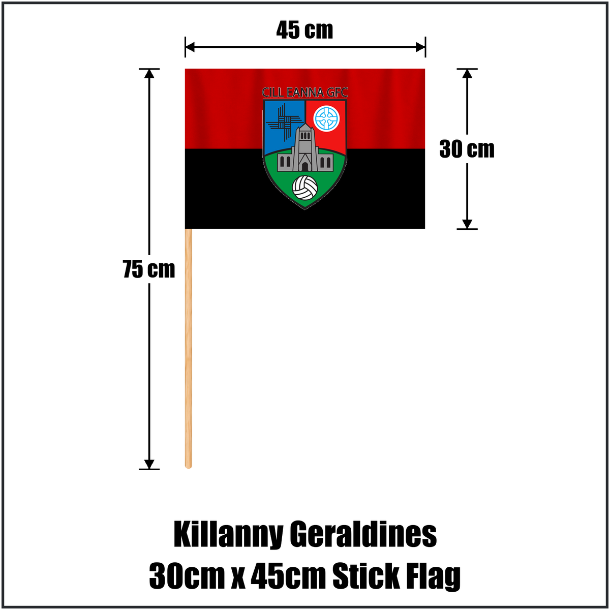 Killanny Geraldines 30cm x 45cm Stick Flag, featuring the club crest and black and red colours; County Monaghan GAA. ClubFlags.ie.
