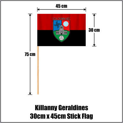 Killanny Geraldines 30cm x 45cm Stick Flag, featuring the club crest and black and red colours; County Monaghan GAA. ClubFlags.ie.