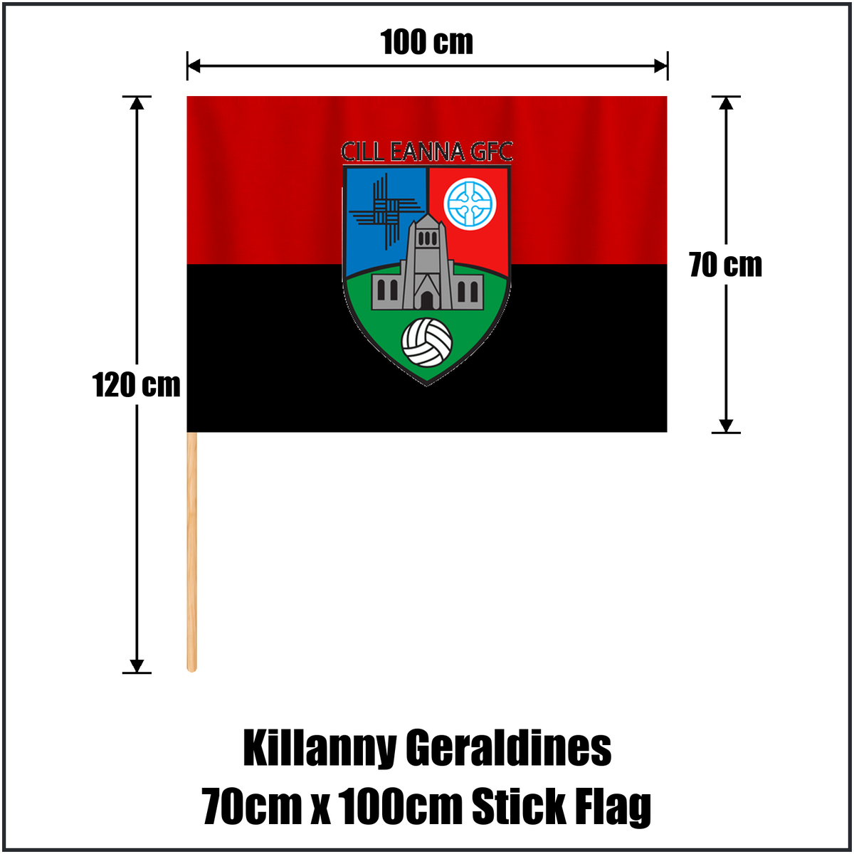 Killanny Geraldines 70cm x 100cm Stick Flag, featuring the club crest and black and red colours; County Monaghan GAA. ClubFlags.ie.