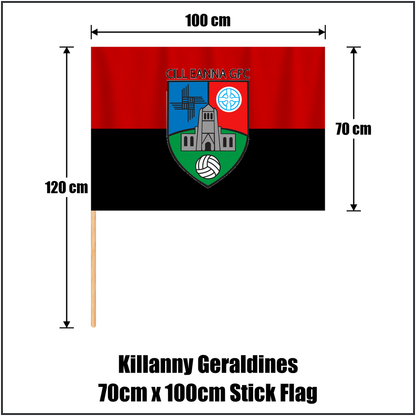 Killanny Geraldines 70cm x 100cm Stick Flag, featuring the club crest and black and red colours; County Monaghan GAA. ClubFlags.ie.