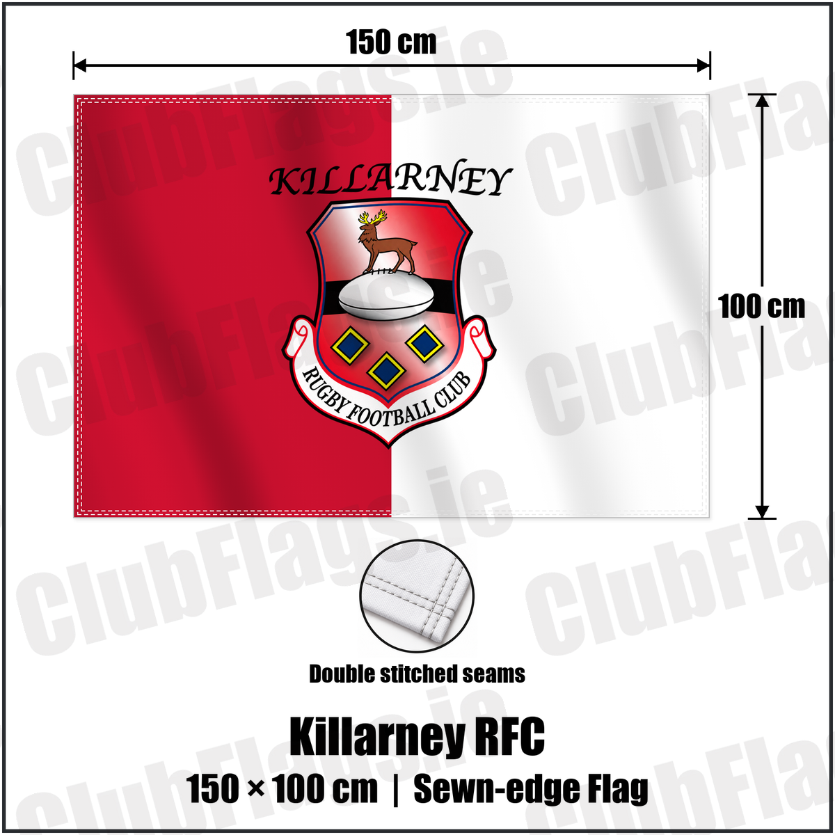 Killarney RFC 100cm x 150cm Flag (sewn on the edges) with the verified club crest and colours, Kerry Rugby - ClubFlags.ie