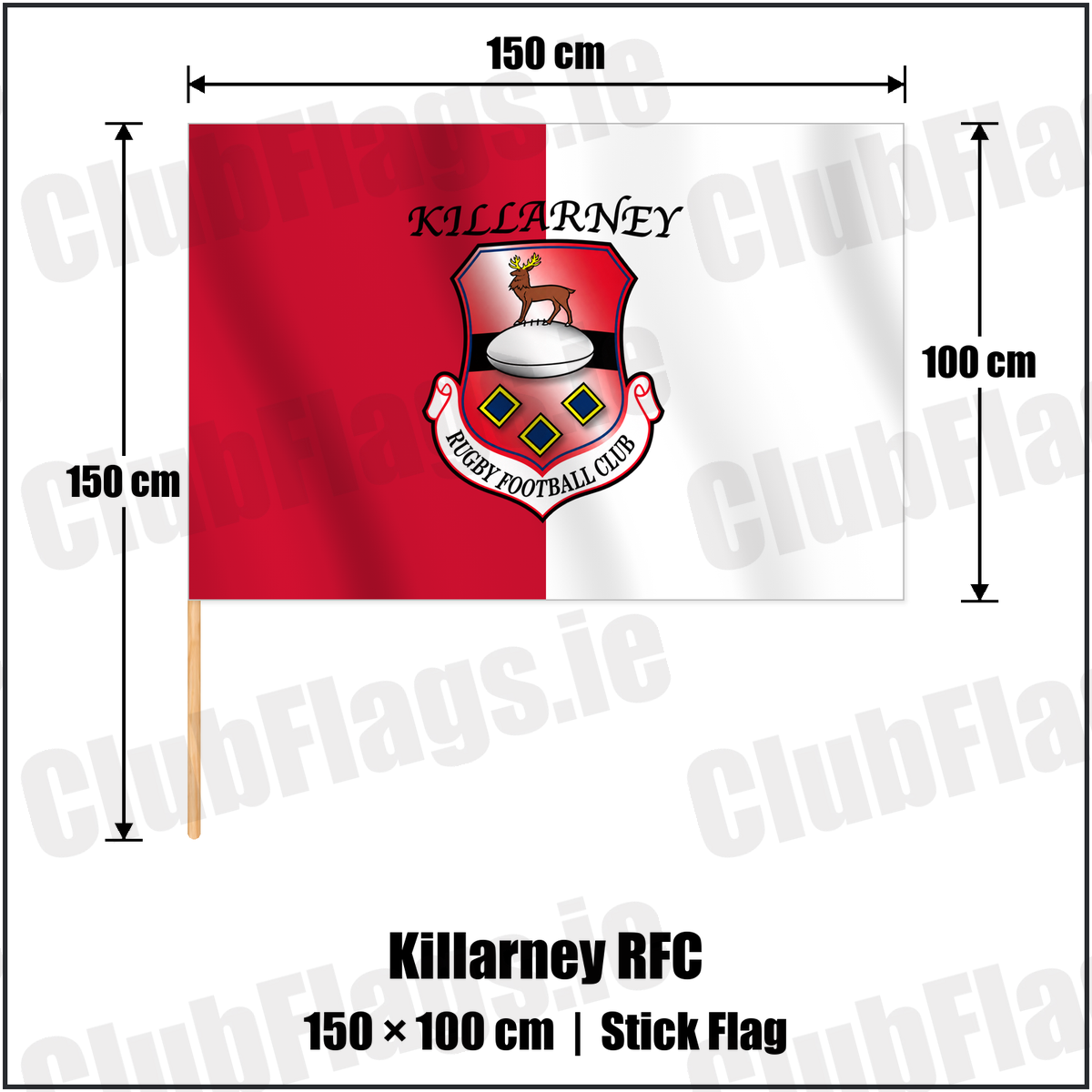 Killarney RFC 100cm x 150cm Stick Flag with the verified club crest and colours, Kerry Rugby - ClubFlags.ie