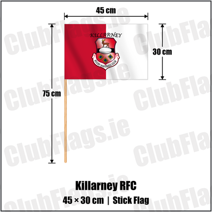 Killarney RFC 30cm x 45cm Stick Flag with the verified club crest and colours, Kerry Rugby - ClubFlags.ie