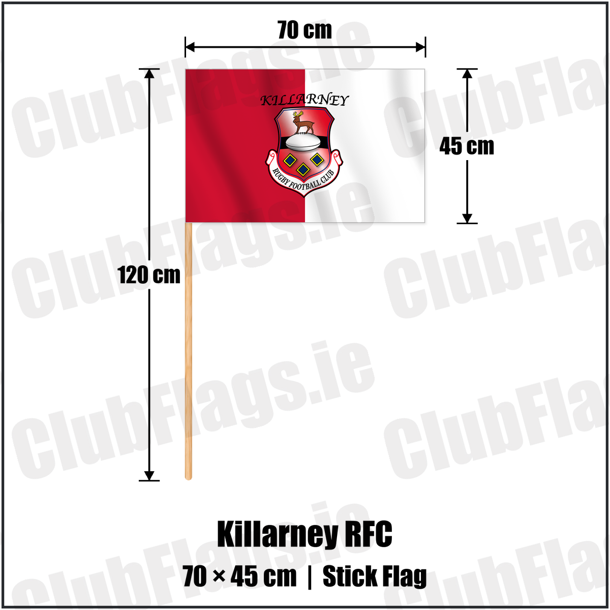 Killarney RFC 45cm x 70cm Stick Flag with the verified club crest and colours, Kerry Rugby - ClubFlags.ie