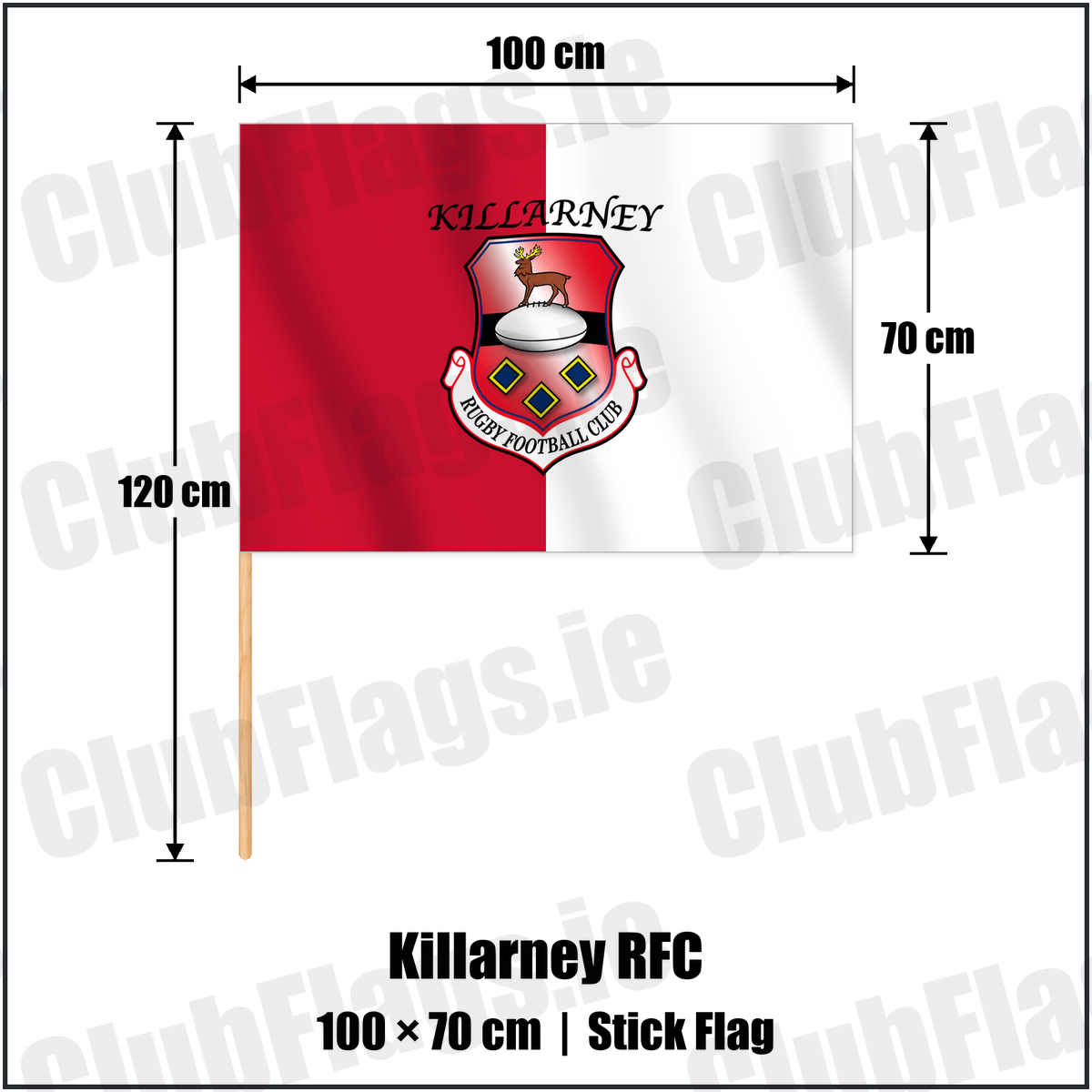 Killarney RFC 70cm x 100cm Stick Flag with the verified club crest and colours, Kerry Rugby - ClubFlags.ie
