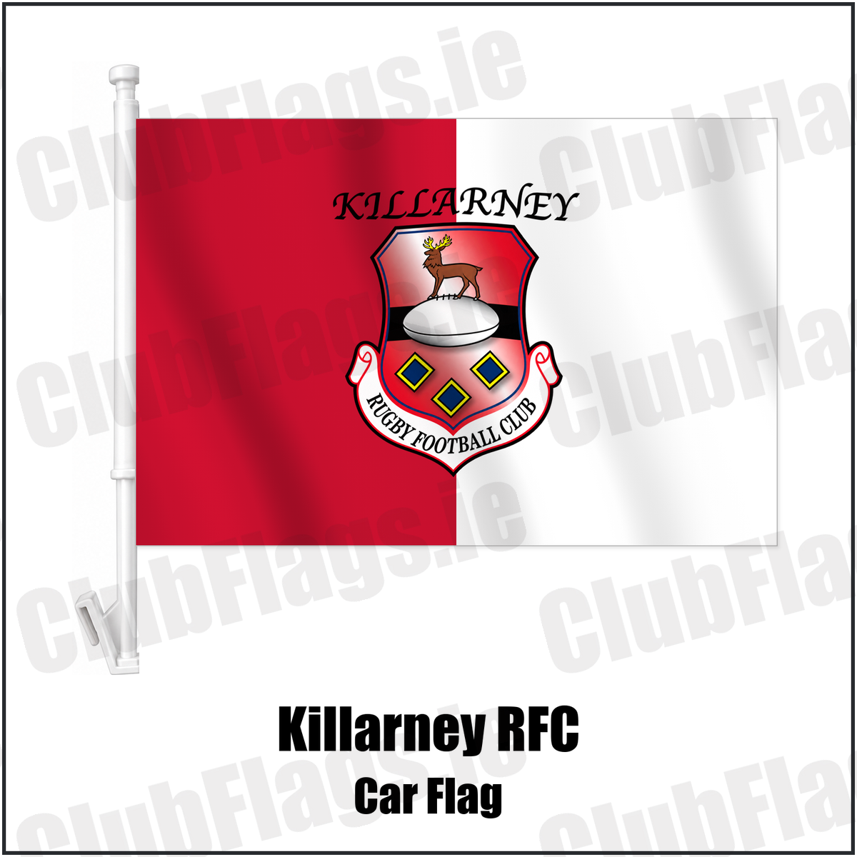 Killarney RFC Car Flag with the verified club crest and colours, Kerry Rugby - ClubFlags.ie