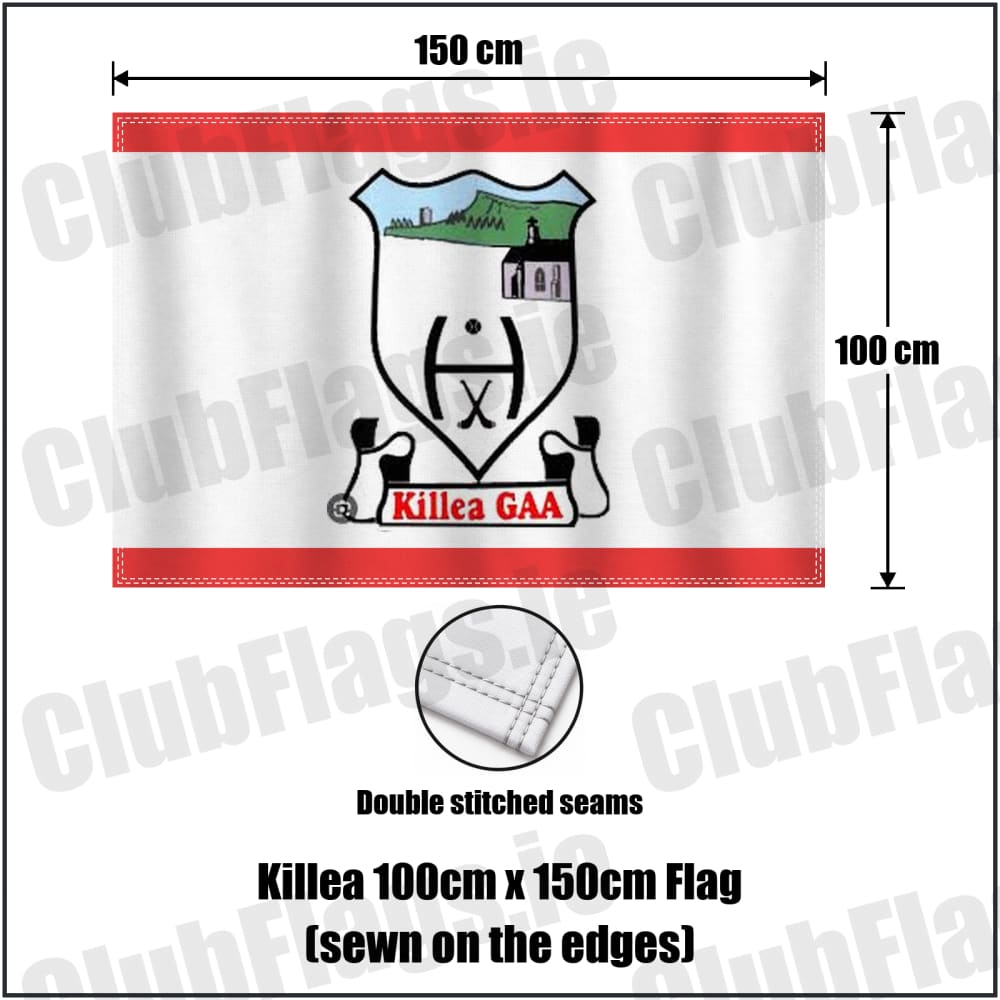 Killea 100cm x 150cm Flag (sewn on the edges) in red and white, featuring the club crest on realistic fabric with gentle vertical folds; County Tipperary GAA. ClubFlags.ie.