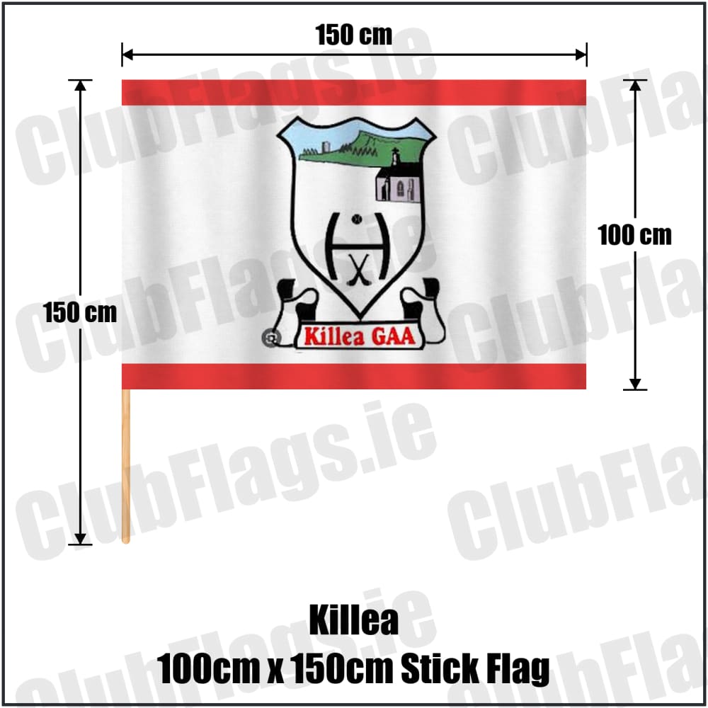 Killea 100cm x 150cm Stick Flag in red and white, featuring the club crest on realistic fabric with gentle vertical folds; County Tipperary GAA. ClubFlags.ie.