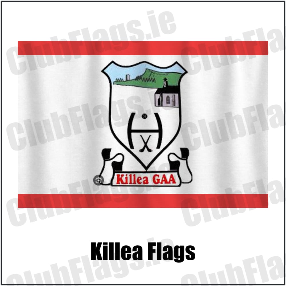 Killea Flags in red and white, featuring the club crest on realistic fabric with gentle vertical folds; County Tipperary GAA. ClubFlags.ie.