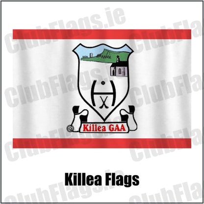 Killea Flags in red and white, featuring the club crest on realistic fabric with gentle vertical folds; County Tipperary GAA. ClubFlags.ie.