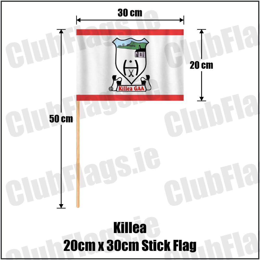 Killea 20cm x 30cm Stick Flag in red and white, featuring the club crest on realistic fabric with gentle vertical folds; County Tipperary GAA. ClubFlags.ie.