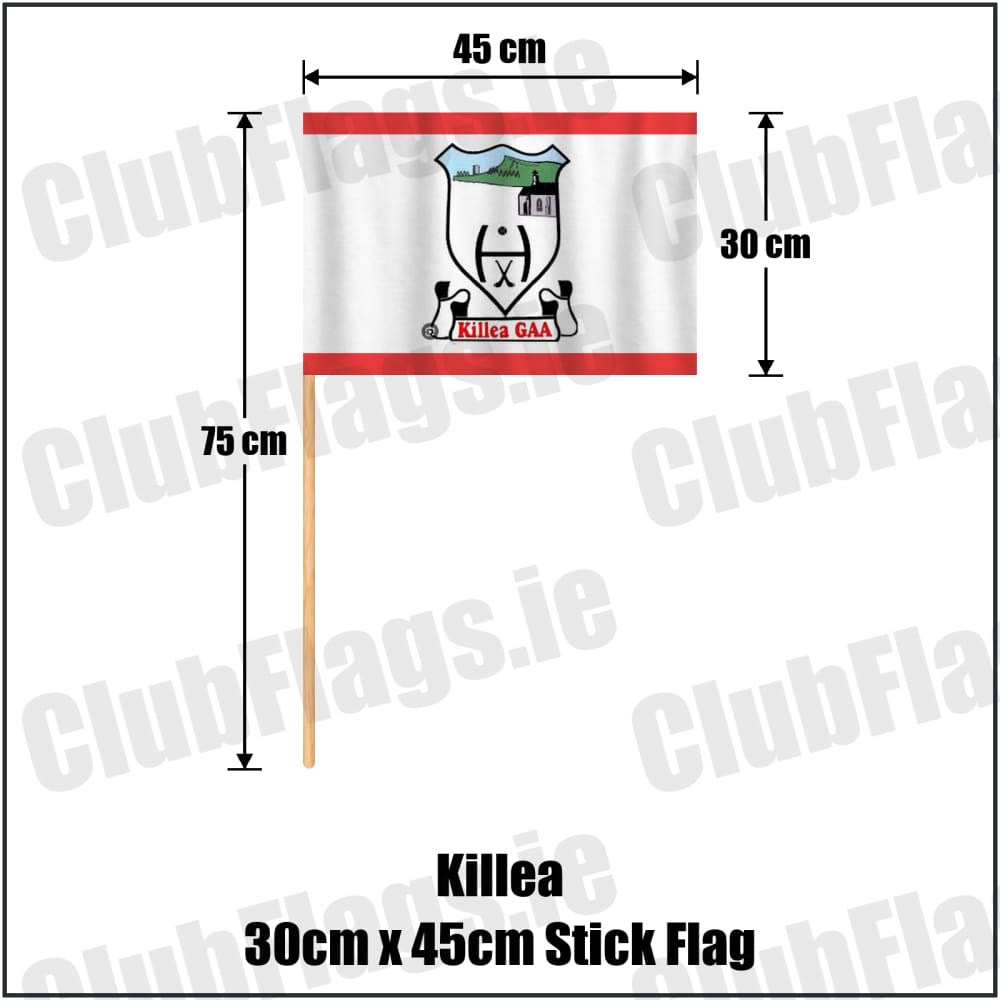 Killea 30cm x 45cm Stick Flag in red and white, featuring the club crest on realistic fabric with gentle vertical folds; County Tipperary GAA. ClubFlags.ie.
