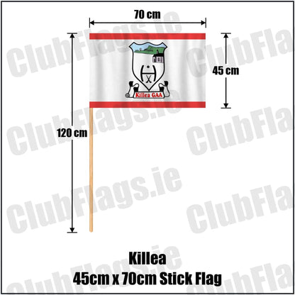 Killea 45cm x 70cm Stick Flag in red and white, featuring the club crest on realistic fabric with gentle vertical folds; County Tipperary GAA. ClubFlags.ie.