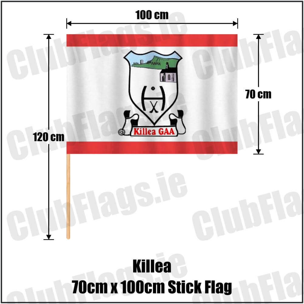 Killea 70cm x 100cm Stick Flag in red and white, featuring the club crest on realistic fabric with gentle vertical folds; County Tipperary GAA. ClubFlags.ie.