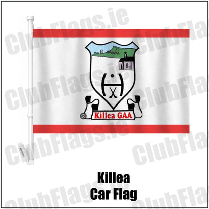 Killea Car Flag in red and white, featuring the club crest on realistic fabric with gentle vertical folds; County Tipperary GAA. ClubFlags.ie.