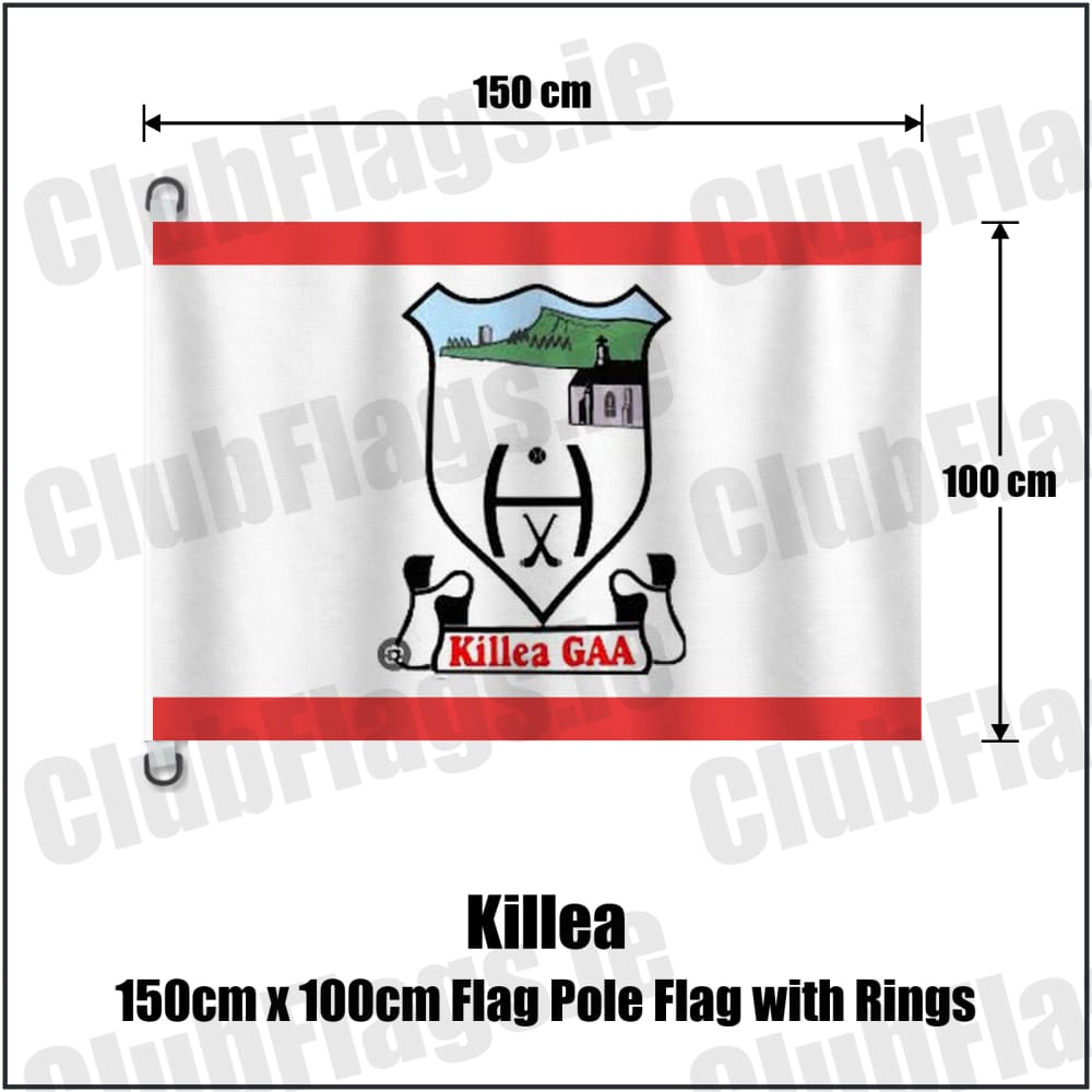 Killea 150cm x 100cm Flag Pole Flag with Rings in red and white, featuring the club crest on realistic fabric with gentle vertical folds; County Tipperary GAA. ClubFlags.ie.