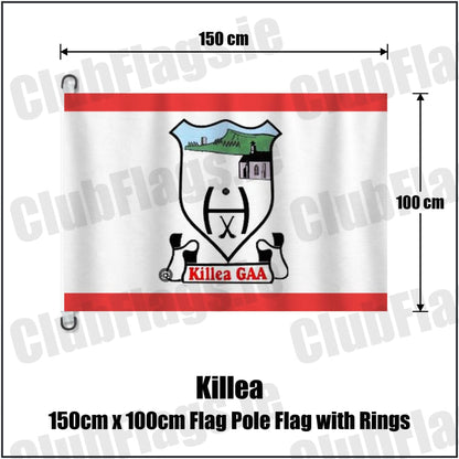 Killea 150cm x 100cm Flag Pole Flag with Rings in red and white, featuring the club crest on realistic fabric with gentle vertical folds; County Tipperary GAA. ClubFlags.ie.
