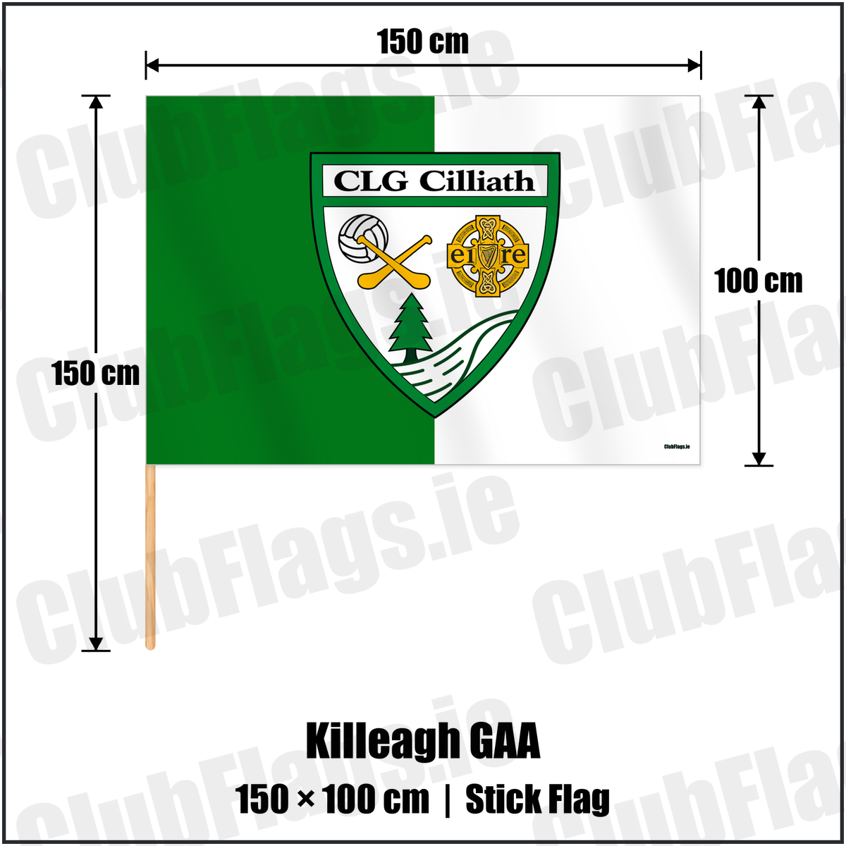 Killeagh GAA 100cm x 150cm Stick Flag with the verified club crest and colours, Cork GAA - ClubFlags.ie