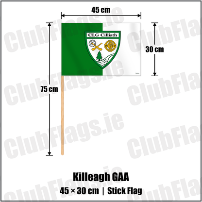 Killeagh GAA 30cm x 45cm Stick Flag with the verified club crest and colours, Cork GAA - ClubFlags.ie