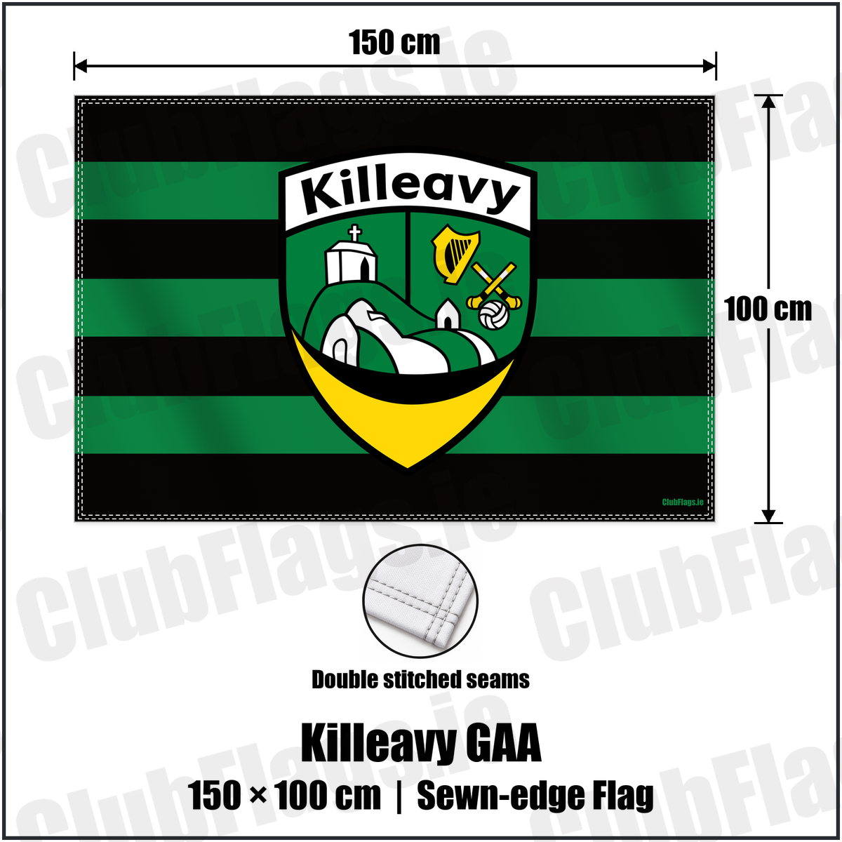 Killeavy GAA 100cm x 150cm Flag (sewn on the edges) with the verified club crest and colours, Armagh GAA - ClubFlags.ie
