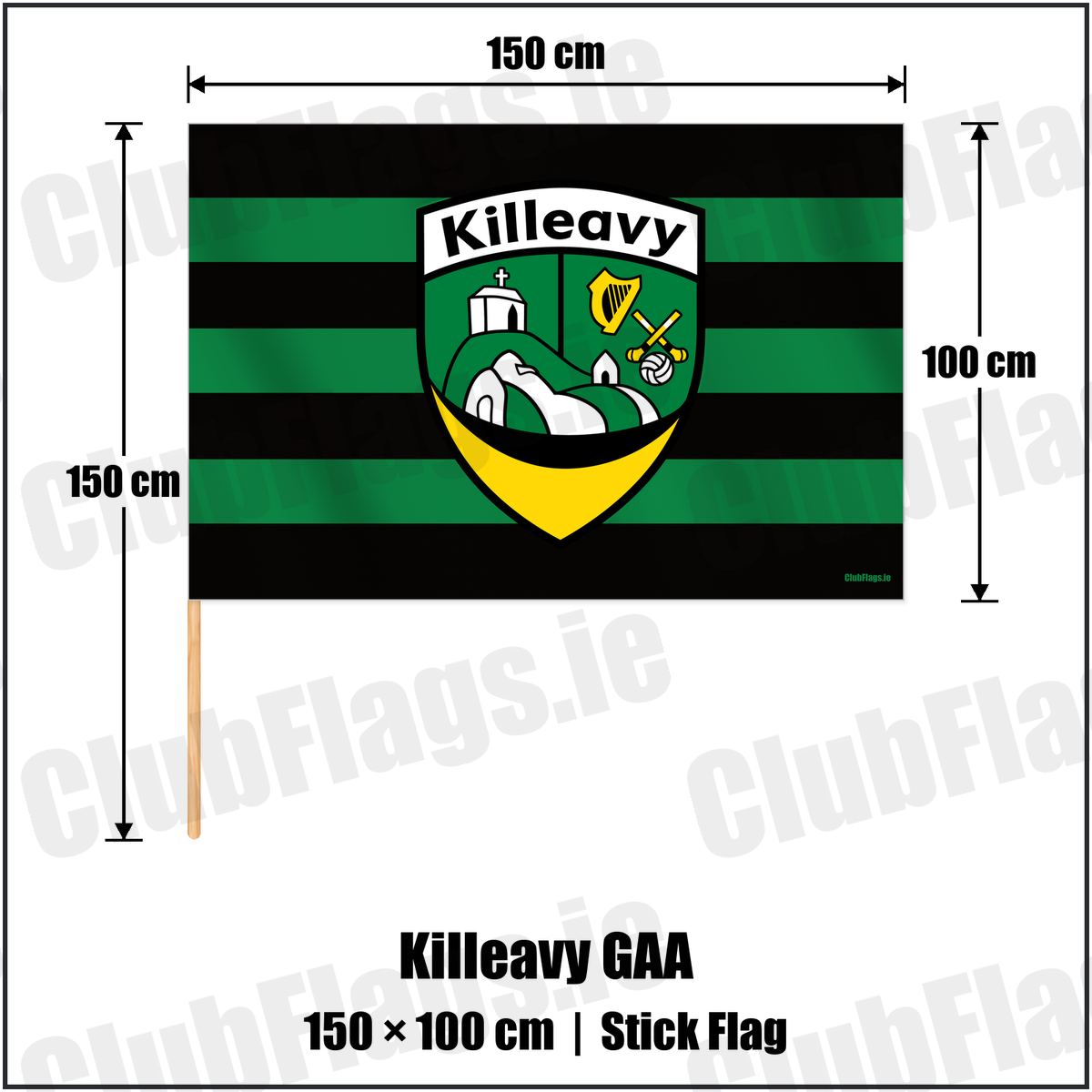 Killeavy GAA 100cm x 150cm Stick Flag with the verified club crest and colours, Armagh GAA - ClubFlags.ie